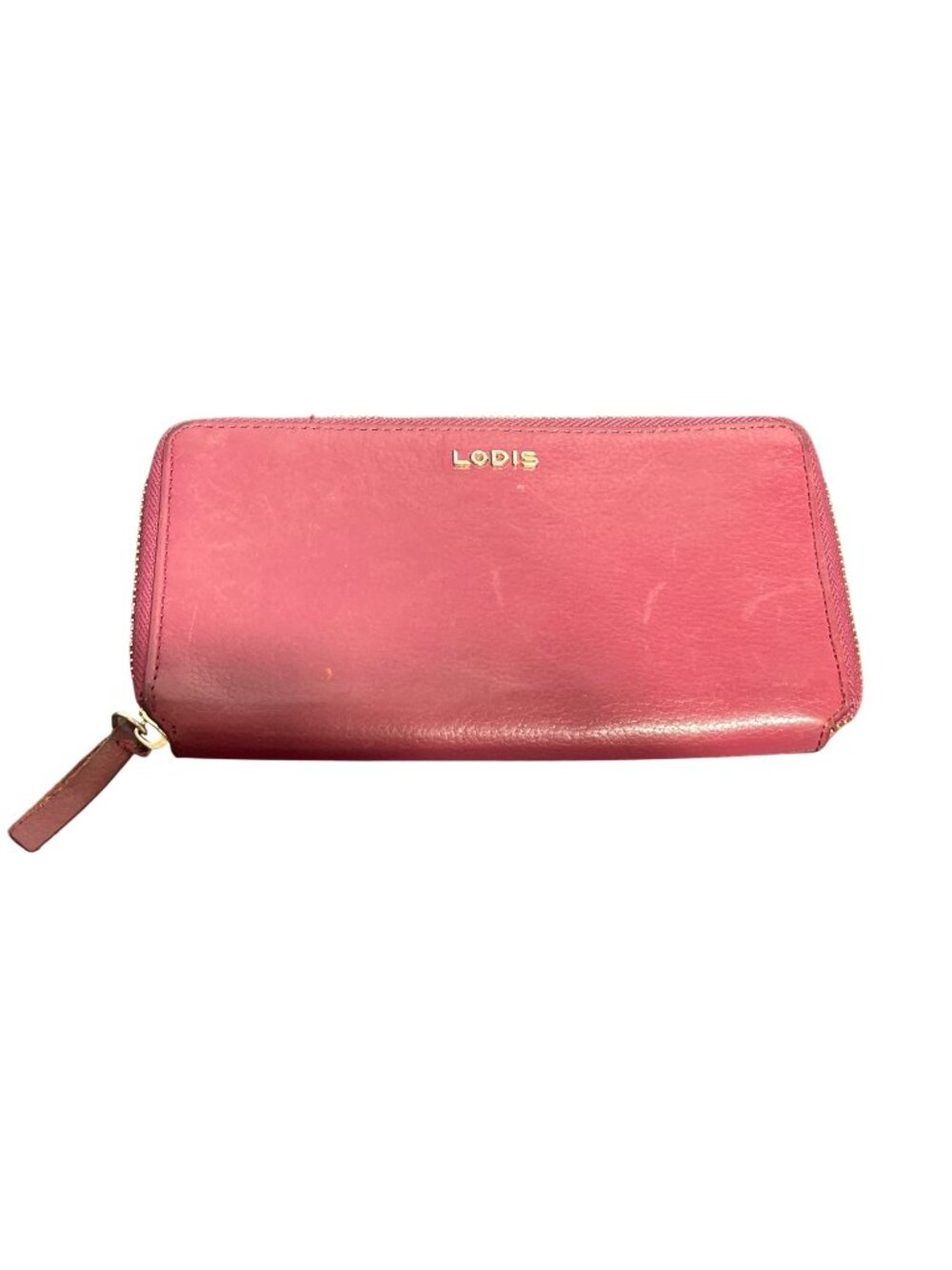 Lodis Burgundy Leather Zip Around Wallet Gold Tone Logo Zipper Section 8" x 5"